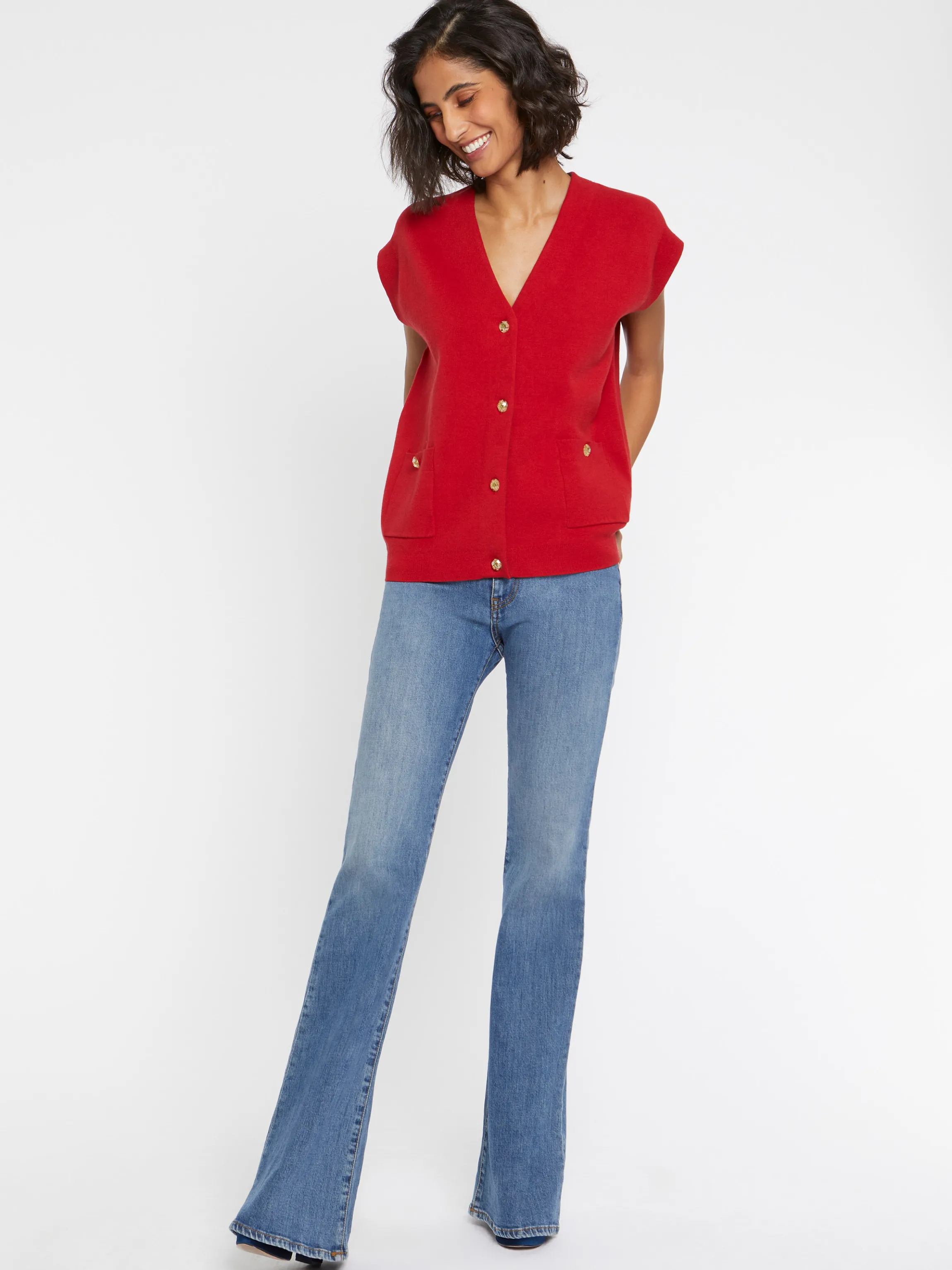 Store Gilet Sans Manches Double Face A Boutons Bijou Femme Pulls Et Cardigans
