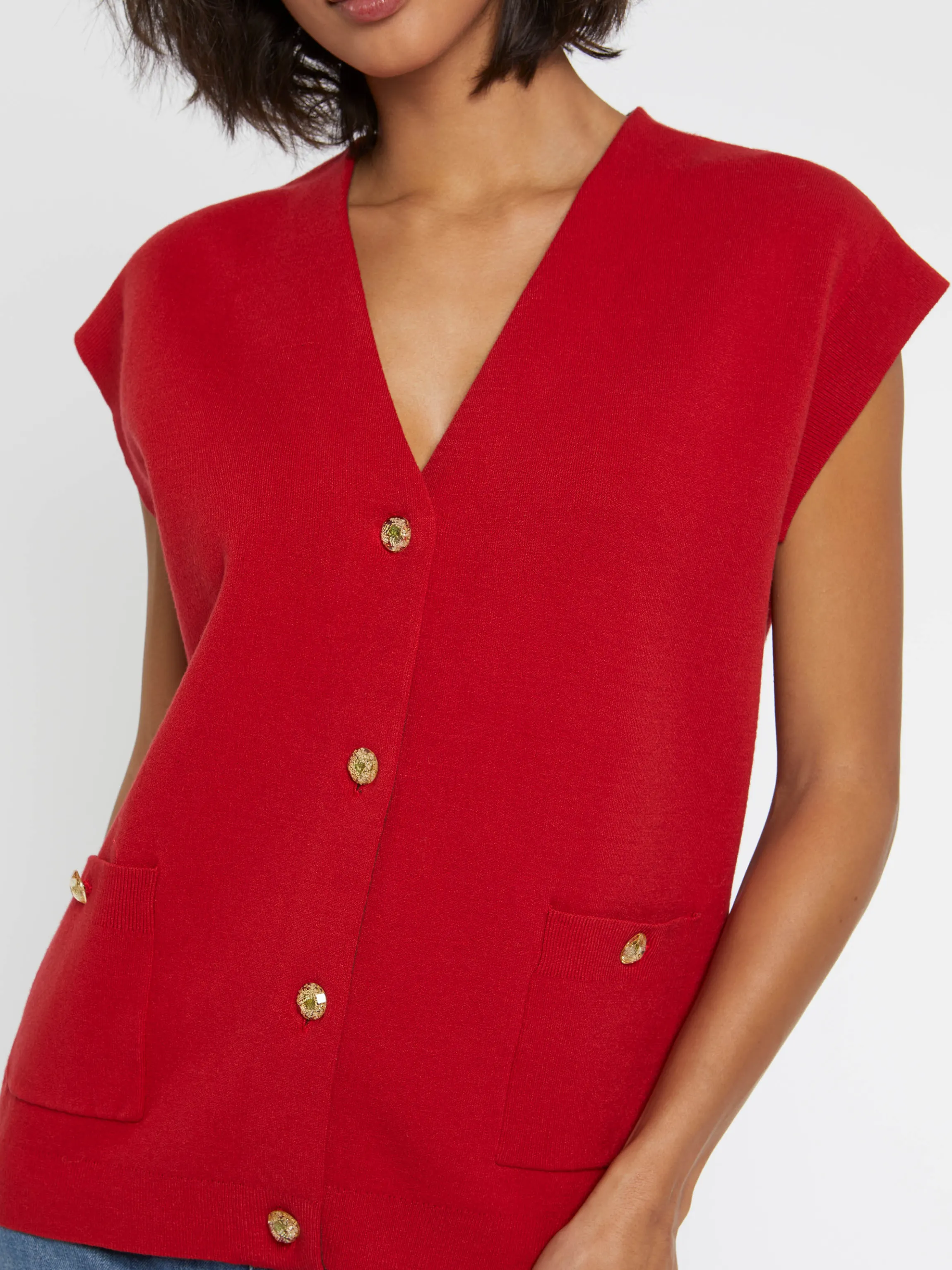 Store Gilet Sans Manches Double Face A Boutons Bijou Femme Pulls Et Cardigans