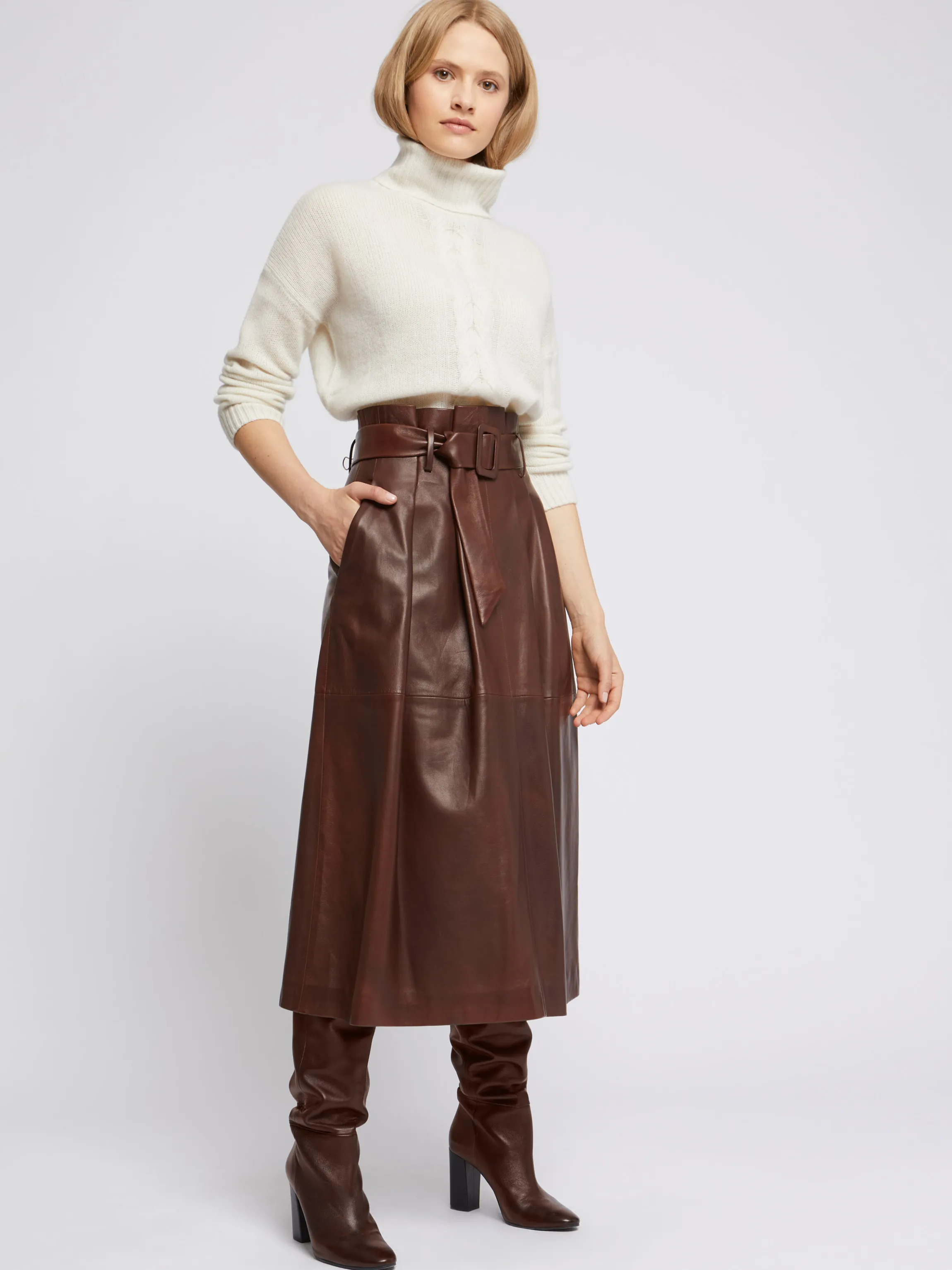 Cheap Jupe Longue Ceinturee En Cuir D'Agneau Femme Jupes