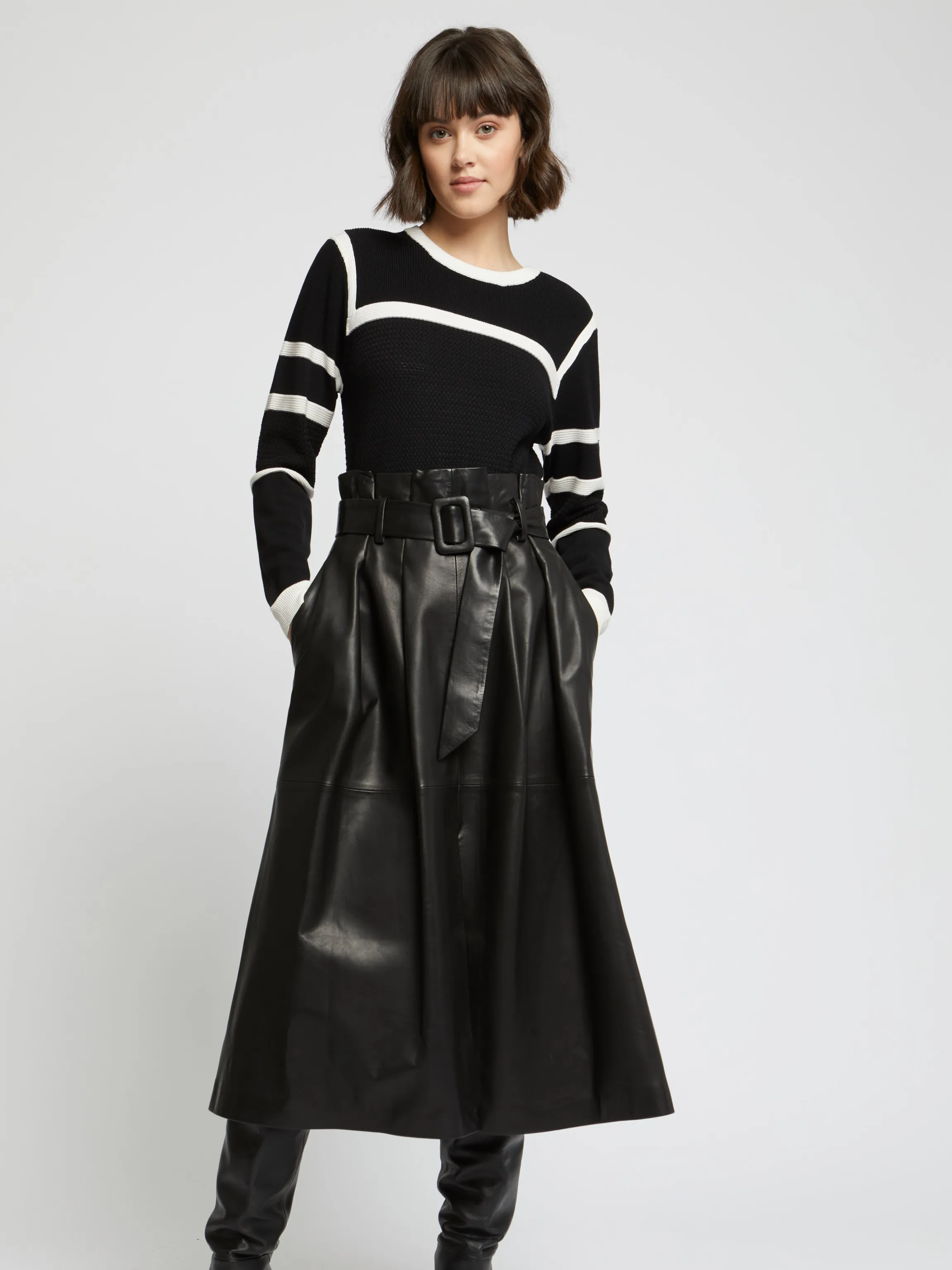Sale Jupe Longue Ceinturee En Cuir D'Agneau Femme Jupes
