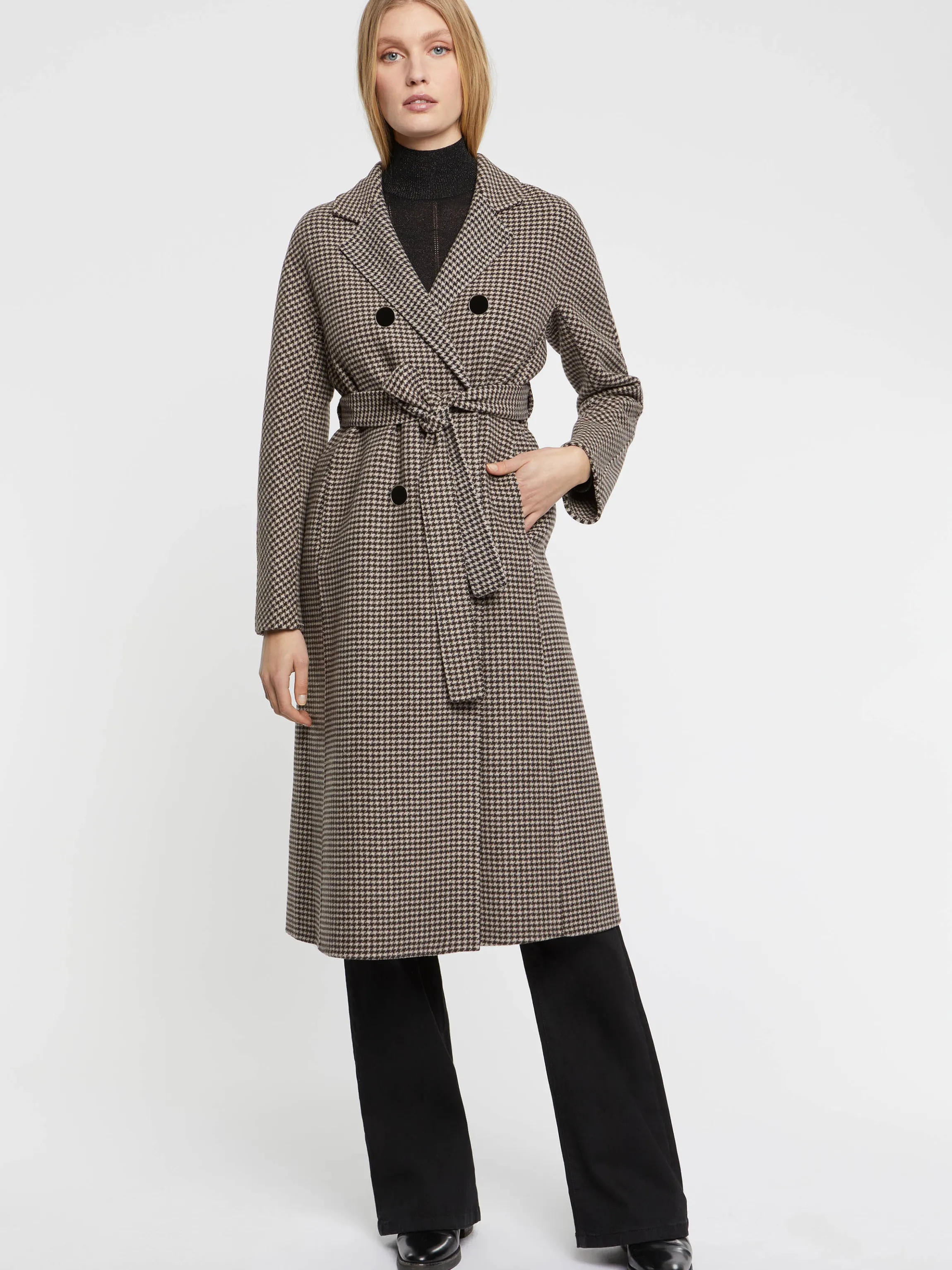 New Manteau Long A Motifs Pied-De-Poule En Laine Femme Manteaux