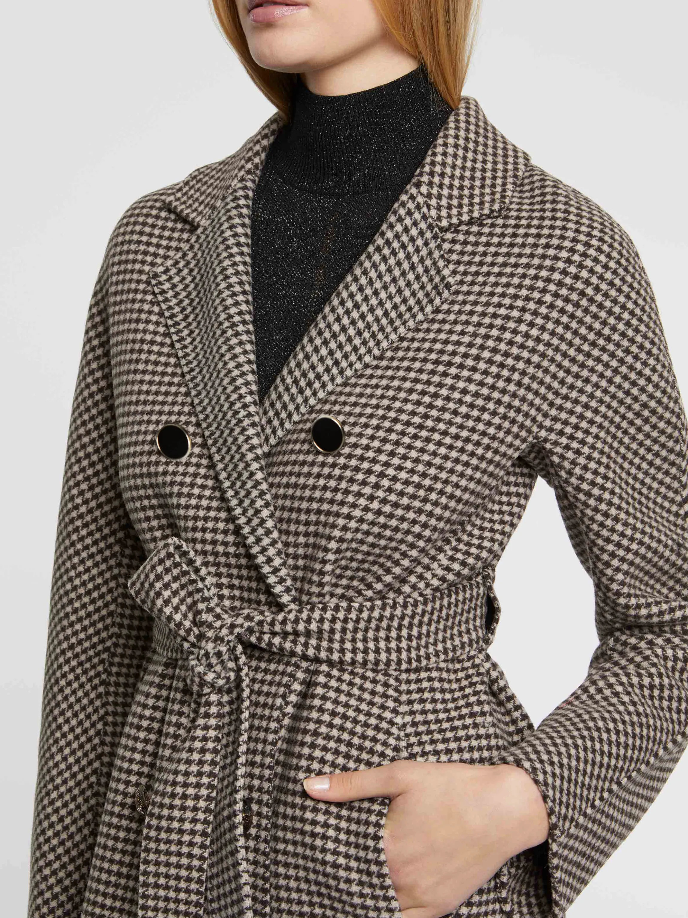 New Manteau Long A Motifs Pied-De-Poule En Laine Femme Manteaux