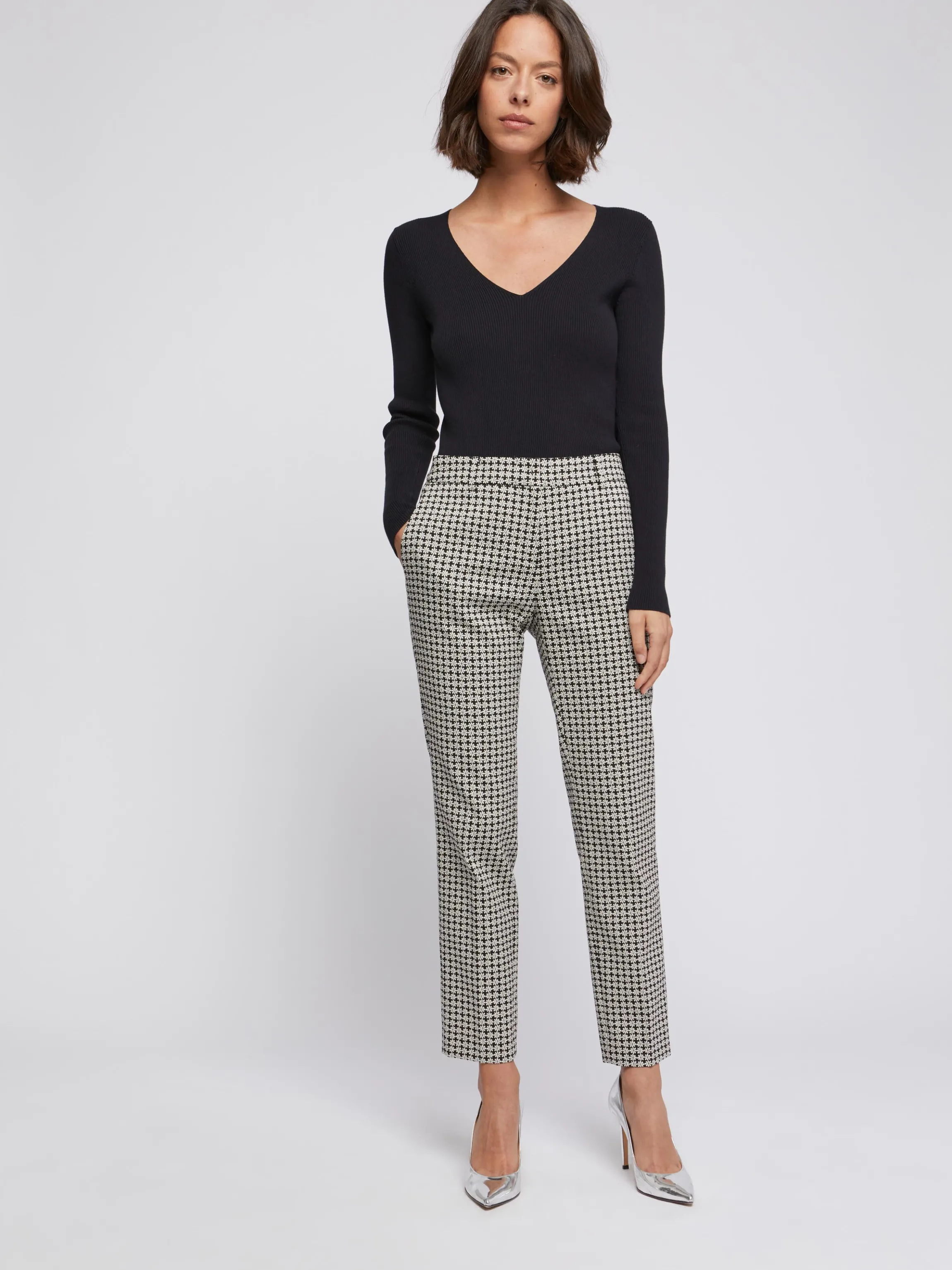 Fashion Pantalon Cigarette En Jacquard Imprime Paquerettes Femme Pantalons Et Combinaisons